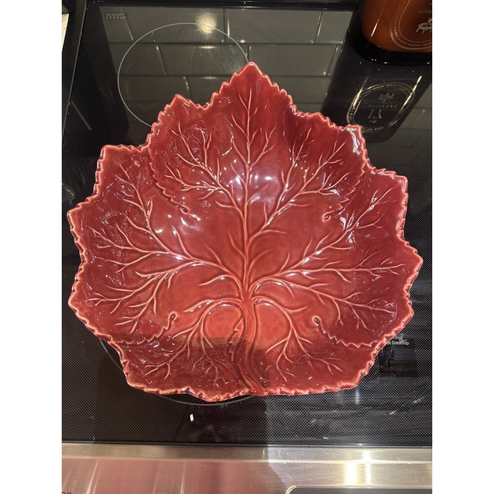 Vintage Olfaire Majolica Deep Red Cabbageware Large 10" Bowl-Portugal